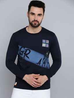 SHOWOFF - Men Round Neck Navy Blue Graphic Sweatshirt