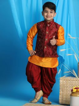 Vastramay - Boys Maroon & Orange Jacket With Kurta & Dhoti (Set of 3)