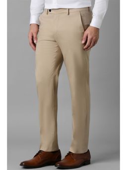 Louis Philippe - Men Beige Regular Fit Solid Flat Front Formal Trousers