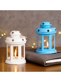 eCraftIndia - Set Of 2 Blue And White Tea Light Holder Lantern