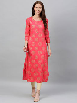 Kipek - Womens Golden Foral Printed Rayon Slub Fabric Straight Kurta Pink Color