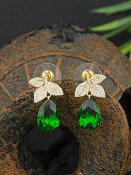 E2O - Women Green Classic Leafy Design Crystal Drop Earrings