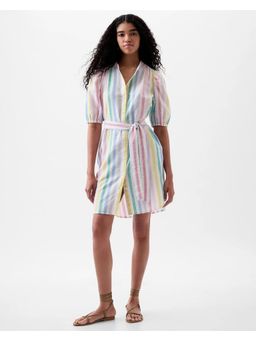 GAP - Womens Vertical Stripes Band Neck Shirt Mini Dress with Belt