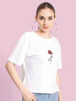 Bene Kleed - Women Floral Printed Round Neck Cotton Boxy T-Shirt