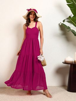 Deebaco - Magenta Dobby Tiered Strappy Women Maxi Dress