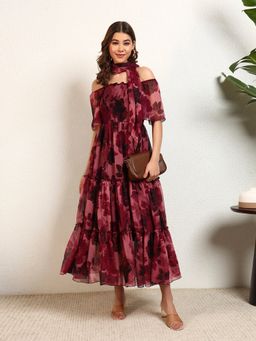 Deebaco - Wine Floral Squared Neck Tiered Women Midi Dress