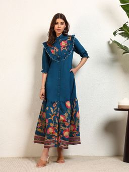 Deebaco - Teal Placement Floral Printed Women Shirt Maxi Dress