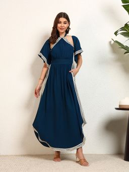 Deebaco - Teal Halter Neck Bell Sleeve Women A-Line Slit Maxi Dress