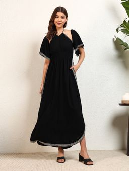 Deebaco - Black Halter Neck with Bell Sleeve Women A-Line Slit Maxi Dress