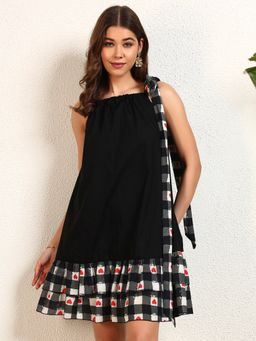 Deebaco - Black Check Heart Printed Halter Neck Tiered Layered Mini Dress
