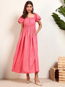 Deebaco - Pink Check Viscose Printed Squared Elasticated Neck A-Line Women Maxi Dress