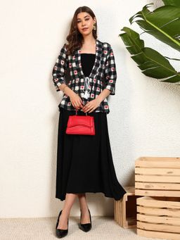 Deebaco - Black Check Heart Printed Viscose Peplum Shrug with Maxi Dress