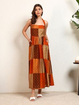 Deebaco - Multi-Colour Patch Halter Neck A-Line Women Maxi Dress