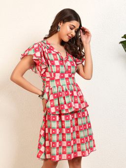 Deebaco - Multi-Colour Check Heart Printed Layered Women Knee Length Dress