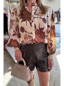 Errabelly - Brown Floral Print Button Down Poet Sleeve Shirt
