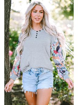 Errabelly - Gray Floral Lantern Sleeve Patchwork Buttoned V Neck Top