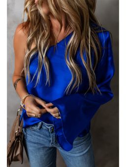 Errabelly - Dark Blue Asymmetric One Shoulder Bell Sleeve Satin Top