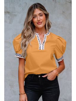 Errabelly - Buckskin Contrast Leopard Trim Split Neck Puff Sleeve Top