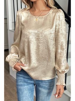 Errabelly - Apricot Metallic Round Neck Smocked Long Sleeve Top