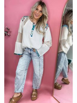 Errabelly - White Plant Mesh Patched Colour Block Half Button Top