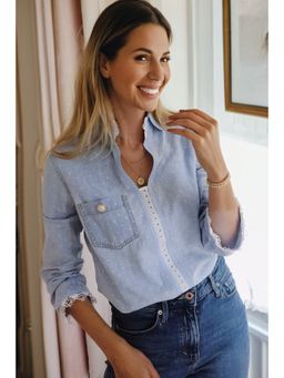 Errabelly - Beau Blue Lace Trim Patchwork Dotted Print Collared Denim Top