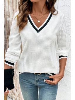 Errabelly - White Textured Knit Preppy Striped Trim V Neck Pullover Waffle Top