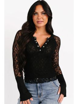 Errabelly - Black Sheer Lace Long Sleeve Slim Henley Top