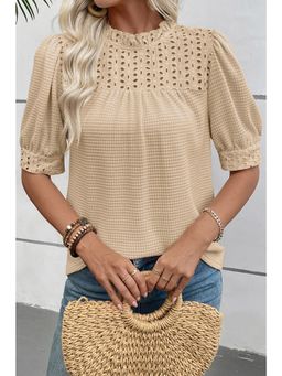 Errabelly - Parchment Textured Knit Eyelet Embroidered Patchwork Ruffled Neck Short Sleeve Top