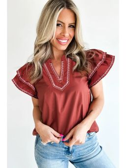 Errabelly - Clay Contrast Trim Flutter Sleeve V Neck Top