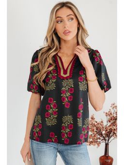 Errabelly - Black Floral Short Bubble Sleeve Contrast Slit Neckline Top