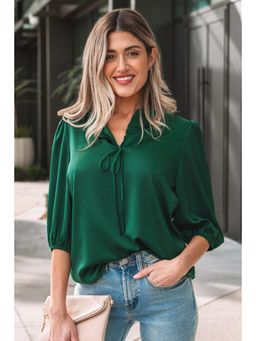 Errabelly - Blackish Green Solid Colour Frilled V Neck Bow Detail 3/4 Sleeve Top