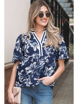 Errabelly - Blue Floral Print Short Puff Sleeve Textured Trim V Neck Top