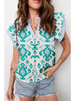 Errabelly - Sky Blue Ethnic Print Striped Trim Flutter Sleeve Top