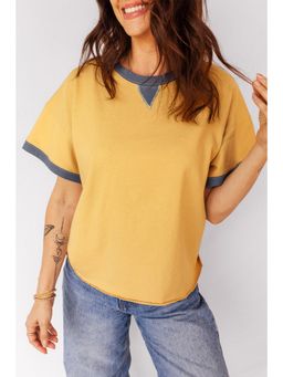 Errabelly - Banana Cream Contrast Trim Raw Hemline Short Sleeve Loose Top