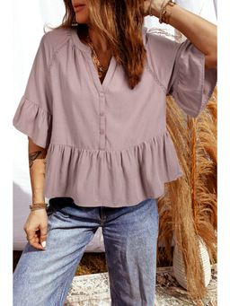 Errabelly - Sepia Rose Slit V Neck Ruffled Loose Top