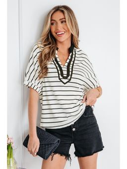 Errabelly - White Stripe Stand Collar V Neck Elastic Cuffs Half Sleeve Dolman Top