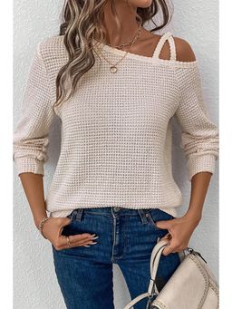 Errabelly - Jet Stream Solid Colour Textured Knit Asymmetric Shoulder Long Sleeve Top