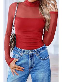 Errabelly - Fiery Red Sheer Mesh Patchwork High Neck Long Sleeve Top