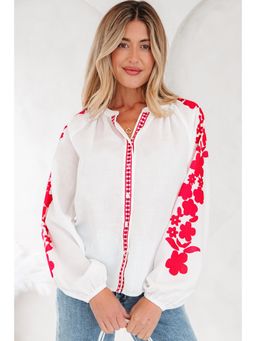 Errabelly - White Floral Embroidered Puff Long Sleeve Casual Shirt