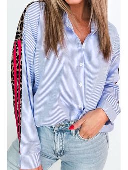Errabelly - Sky Blue Stripe Contrasted Varsity Stripe Leopard Patchwork Button Down Shirt