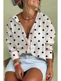 Errabelly - White Polka Dot Print Contrast Piping Elegant Shirt