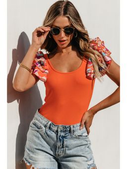 Errabelly - Orange Ribbed Knit Tiered Ruffled Sleeve Bodysuit