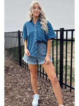 Errabelly - Dusk Blue Checkered Textured Short Sleeve Patched Pocket Denim Shirt