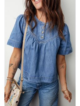 Errabelly - Beau Blue Seam Pleated Detail Half Button Short Sleeve Denim Top