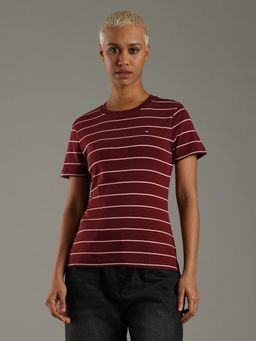 Tommy Hilfiger - Striped Slim Fit Cotton Maroon T-Shirt