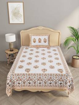 House of Gulab - White Ethnic Motifs Single Bedsheet with 2 Pillow Covers