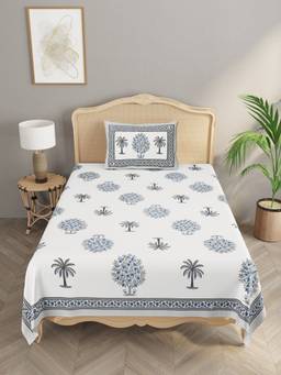 House of Gulab - White Floral Print Single Bedsheet with 1 Pillow Cover