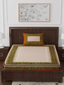 House of Gulab - Orange Ethnic Motifs Single Bedsheet with 2 Pillow Covers