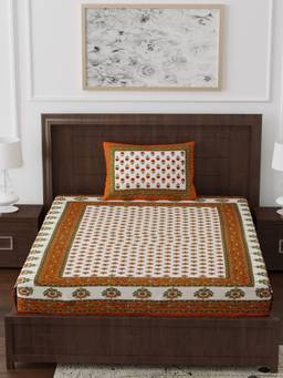 House of Gulab - Orange Ethnic Motifs Single Bedsheet with 2 Pillow Covers