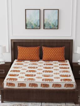 House of Gulab - Orange Ethnic Motifs Double King Bedsheet with 2 Pillow Covers